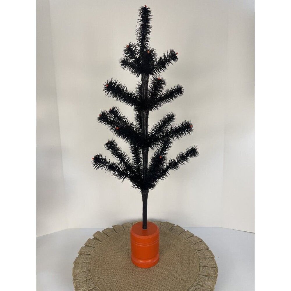 German Feather Tree Black with Orange Berry Beads and Orange Wood Base Halloween